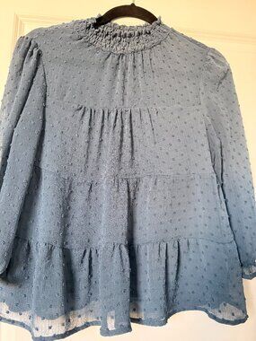 Dusty Blue Swiss Dot Ruffle Blouse – Size S/M